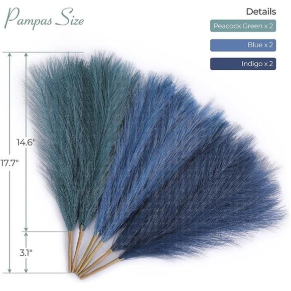 Faux Pampas Grass 17.7Inch 6pcs,Artificial Pampas Grass Blue Living Room Bedroom - Picture 3 of 6